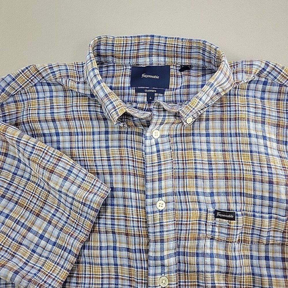 Faconnable Men's Short Sleeve Button Down Plaid Blue Yellow White, LG